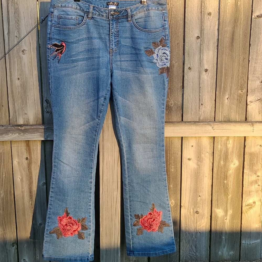 Embroidered Bootcut Jeans by Venus with Bird and Flowers Size 14